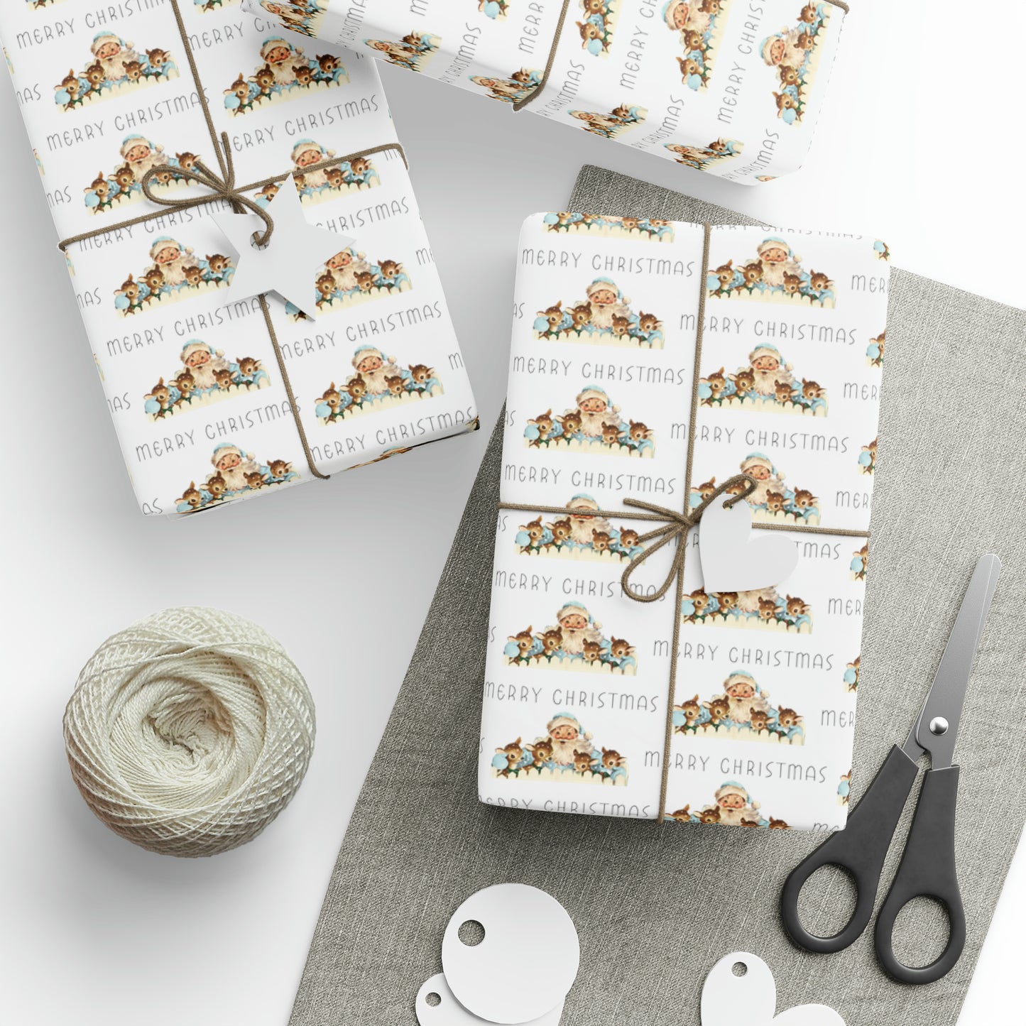 Merry Christmas Santa With Reindeer Mid Century Retro Christmas Print Holiday Gift Wrap Paper - Glossy Or Matte