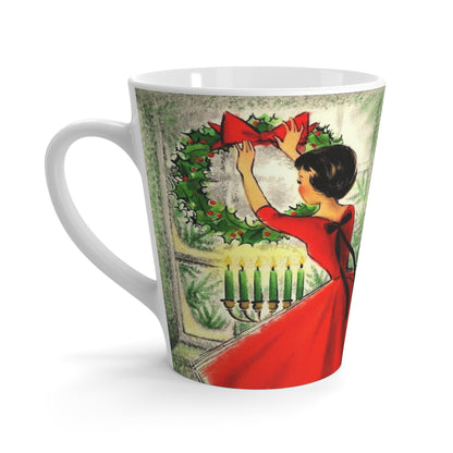 Lady With Christmas Wreath Candles Mid Century Retro Christmas Print Latte Coffee Mug