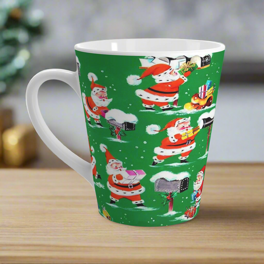 This glossy latte mug features retro Midcentury vintage Christmas wallpaper of Santa in the snow delivering presents at different mailboxes.