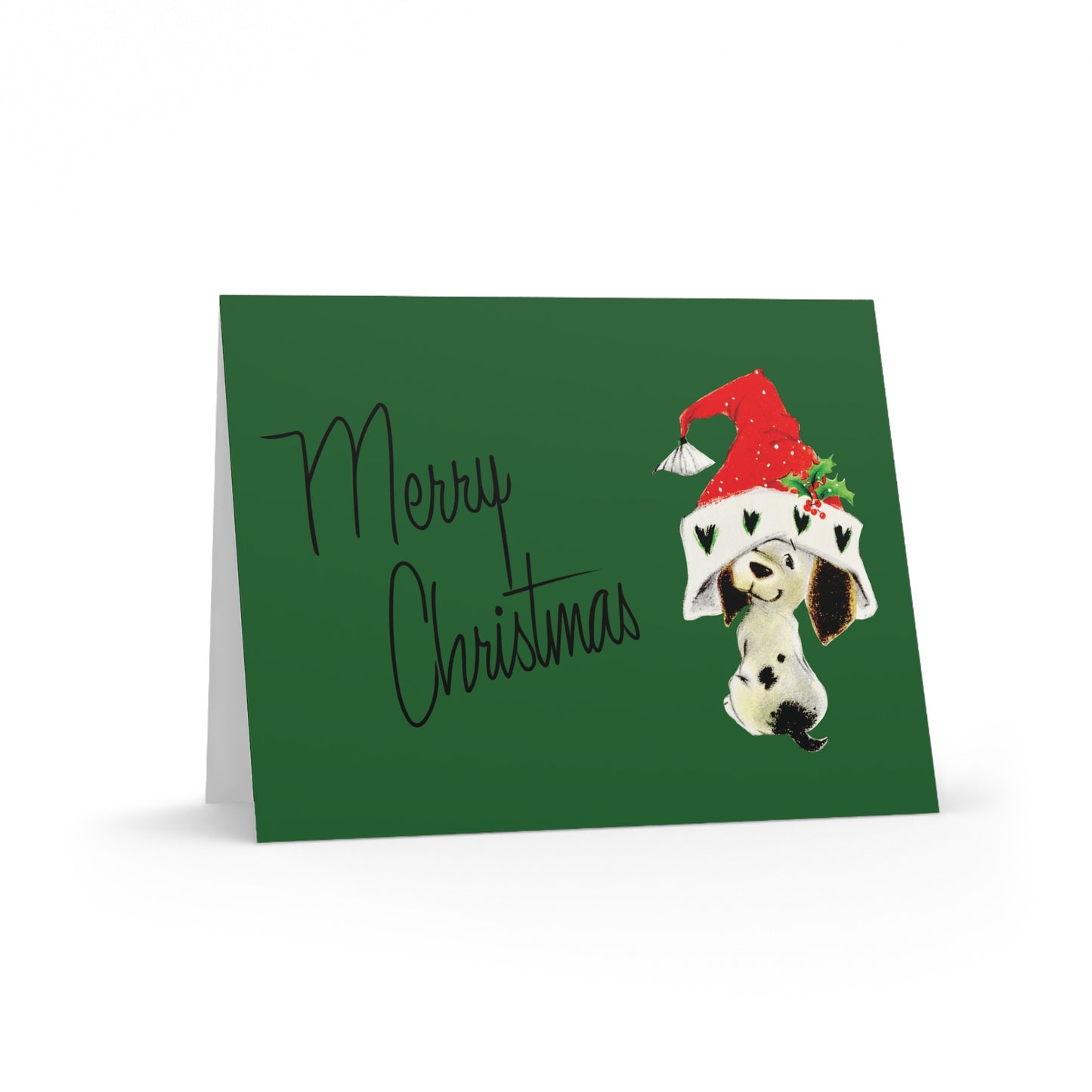 Merry Christmas Dalmation In Santa Hat Mid Century Retro Christmas Print Matte Greeting Cards (8, 16, and 24 pcs)