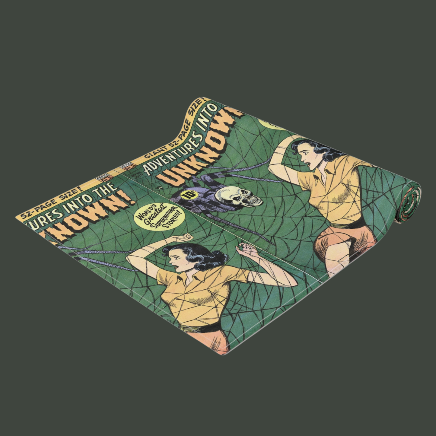 This fabric table runner features a retro cover to the gothic comic book Adventures Into The Unknown with a woman trapped in a giant web and a skeleton spider coming at her.