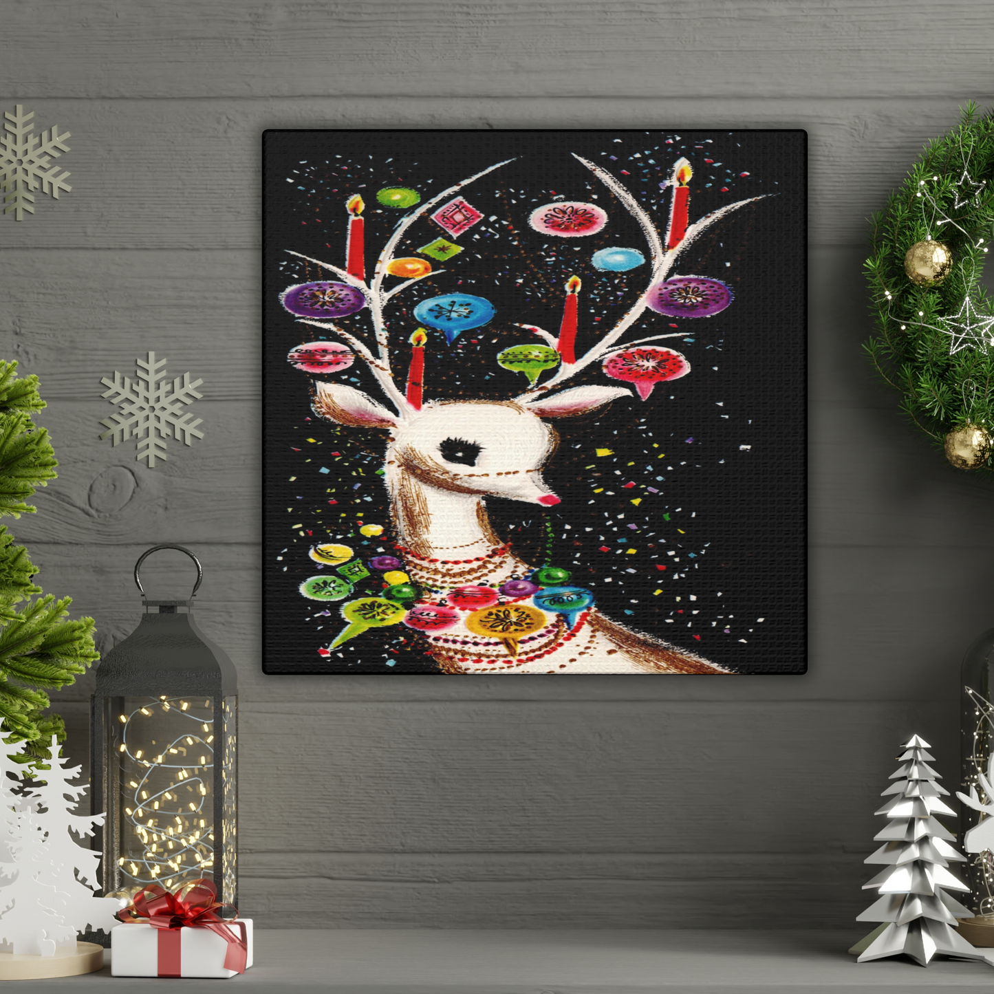 Beautiful Reindeer With Ornaments Retro Christmas Canvas Gallery Wrap