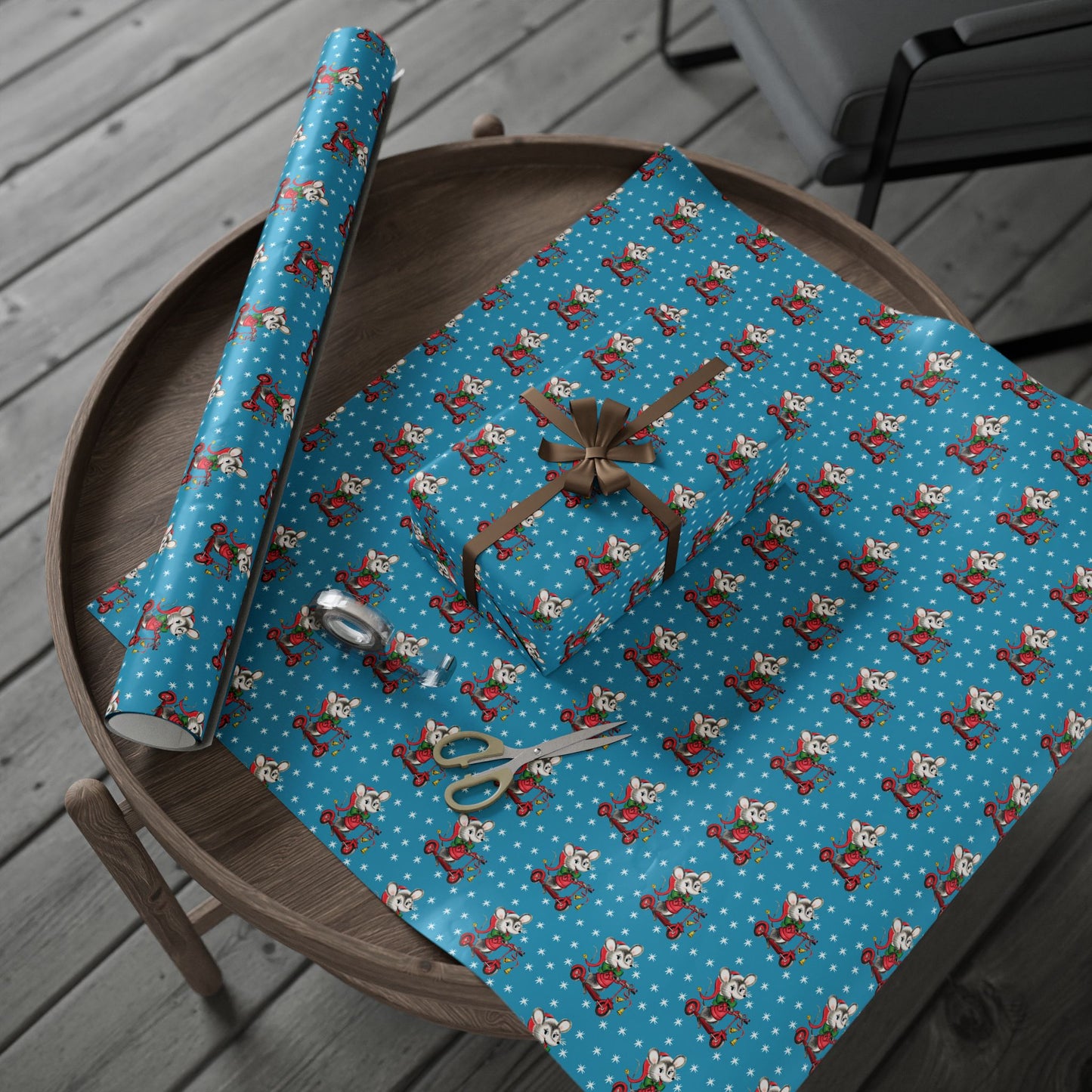 Christmas Mouse On Scooter Stars Mid Century Retro Christmas Print Holiday Gift Wrap Paper - Glossy Or Matte