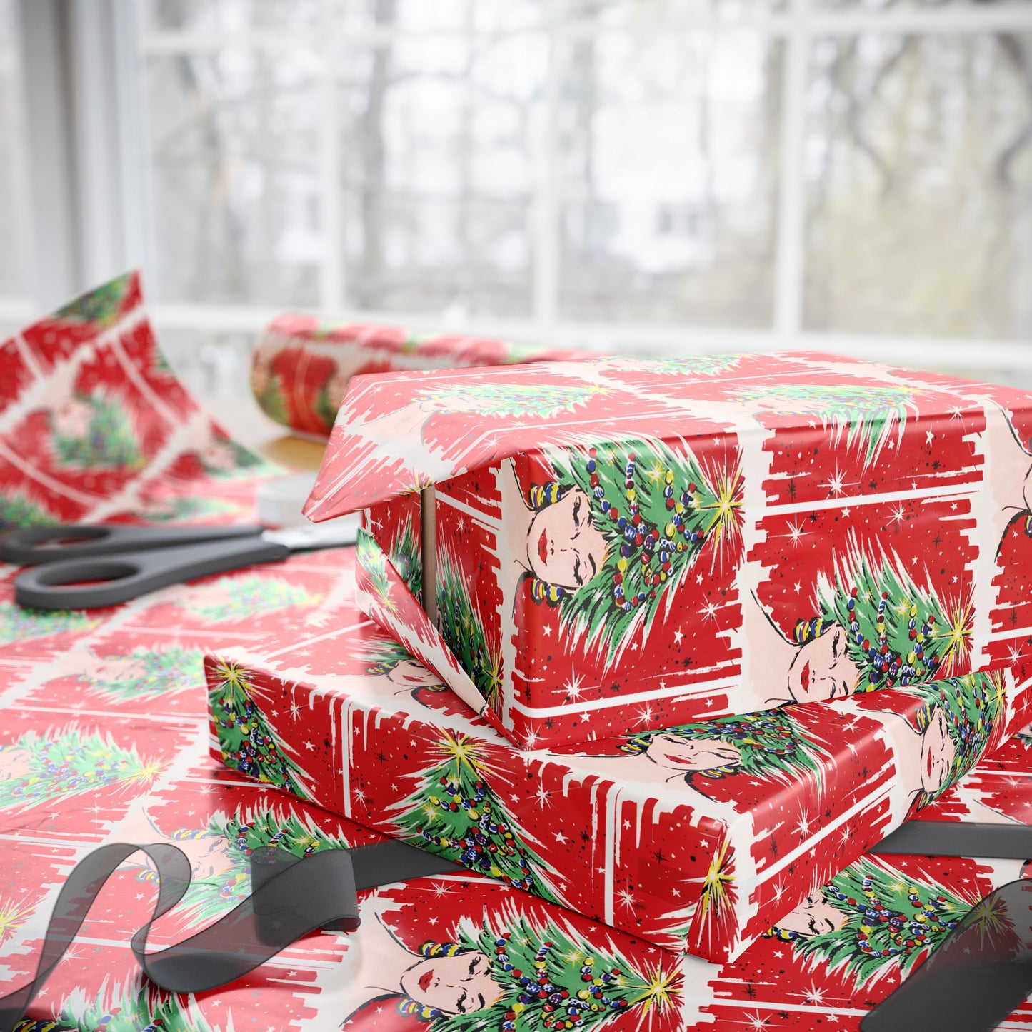 This festive Christmas gift wrap features a retro Midcenturyprint of a woman wearing a Christmas tree hat with a red background and black and white starbursts.