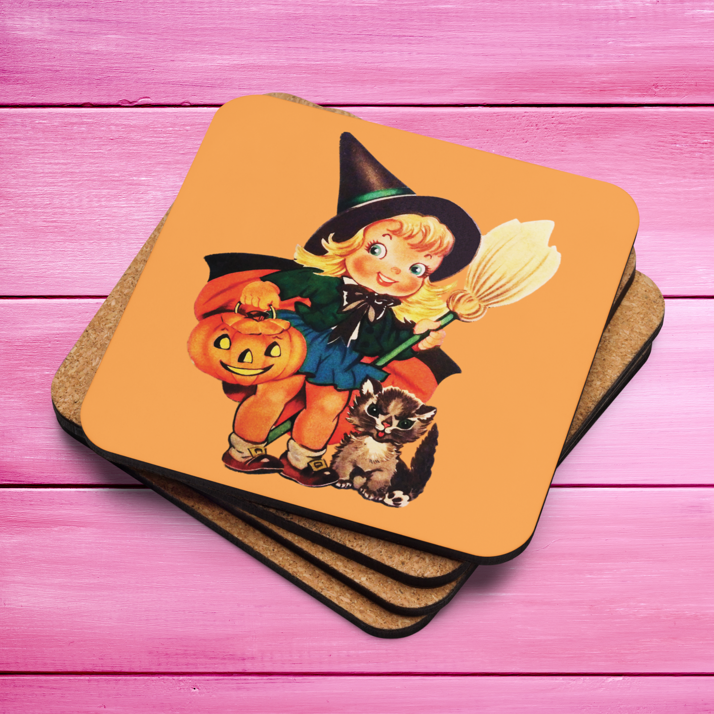 This glossy cork back coaster features an adorable retro Halloween illustration of a young witch holding a broom and jack o lantern with her brown cat sitting next to her.