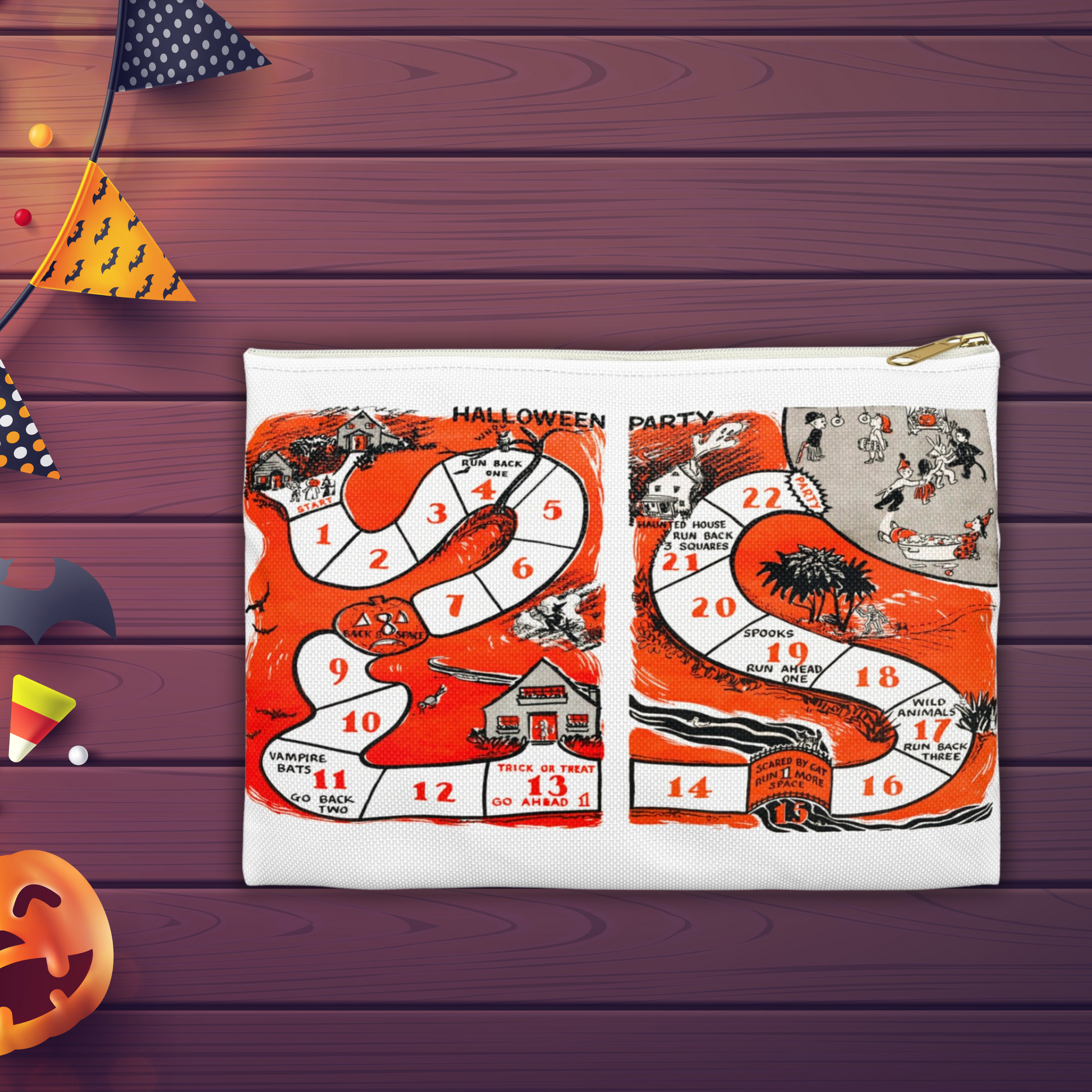 Halloween pouch travel bag. This white bag has a white zipper and gold puller. The design is a retro print of a Halloween Party Board game with adorable nostalgic artwork.