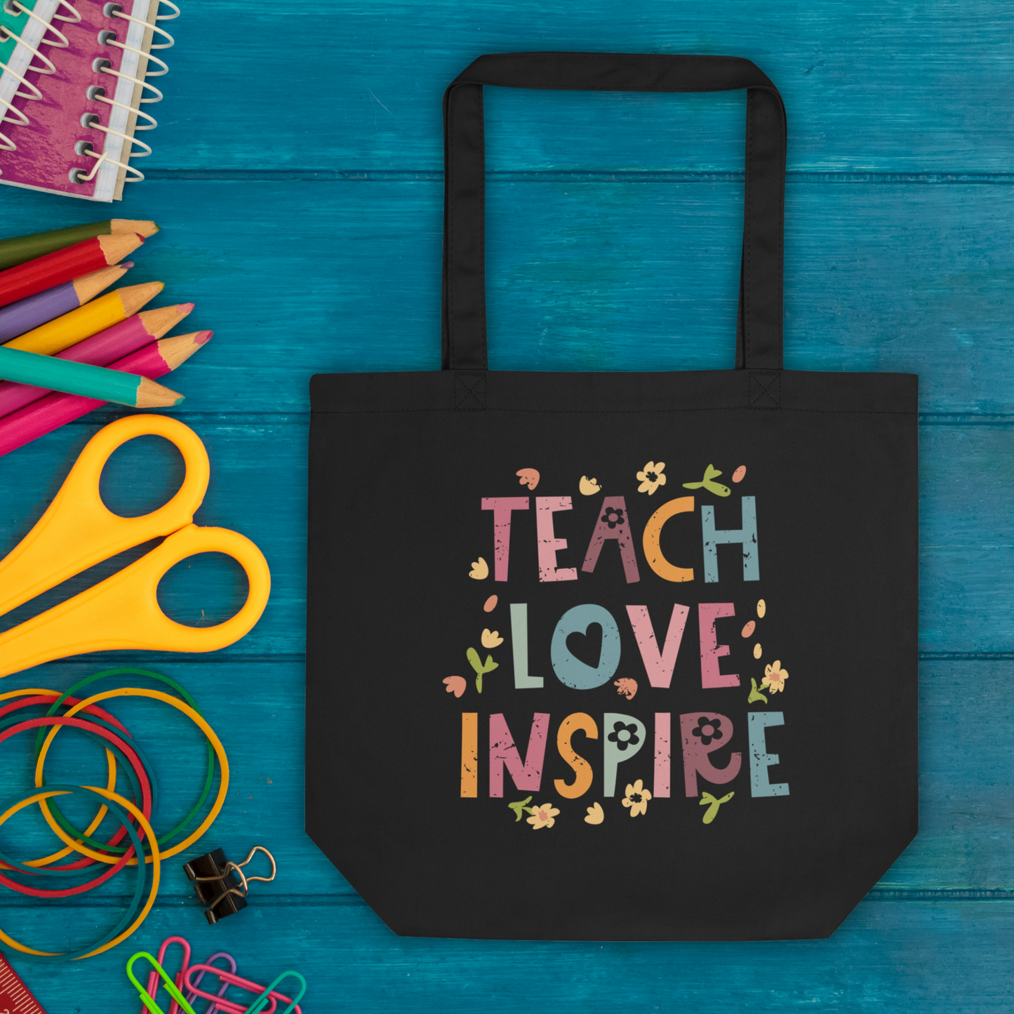 Teach Love Inspire Large Black Eco Cotton Tote Bag