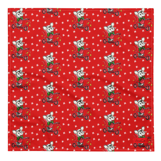 Christmas Mouse On Scooter With Stars Mid Century Retro Christmas Print Red All-over Print Bandana Headscarf