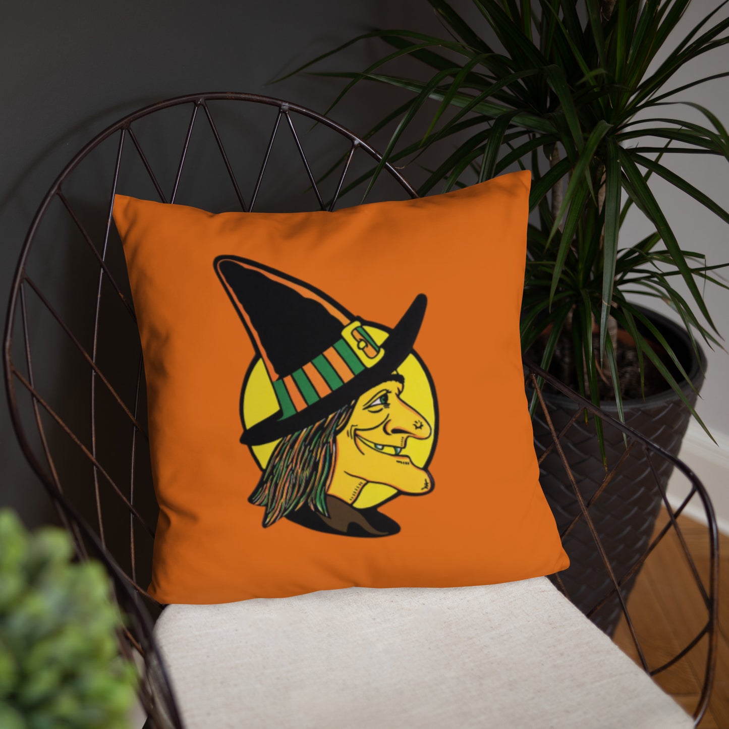 Retro Witch Full Moon Orange Halloween Square Pillow