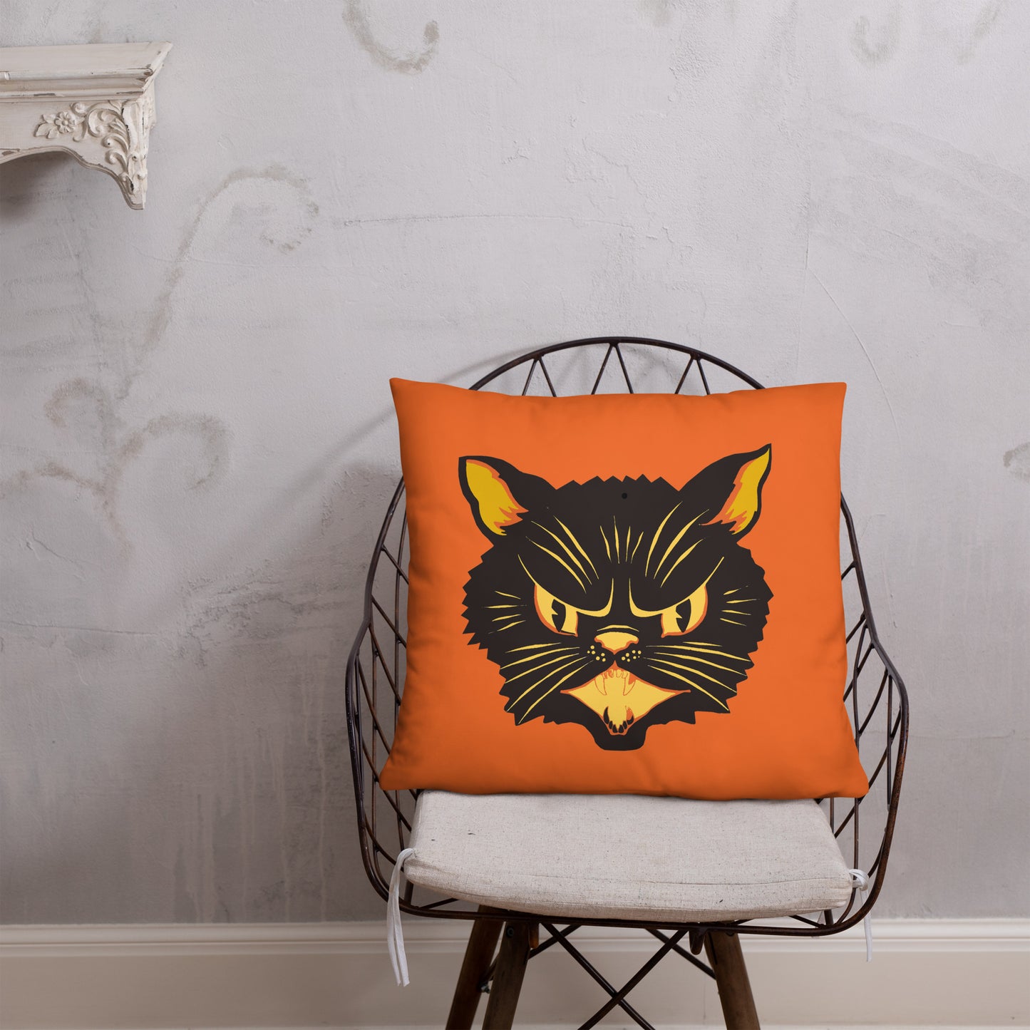 Black Cat Orange Retro Halloween Square Pillow