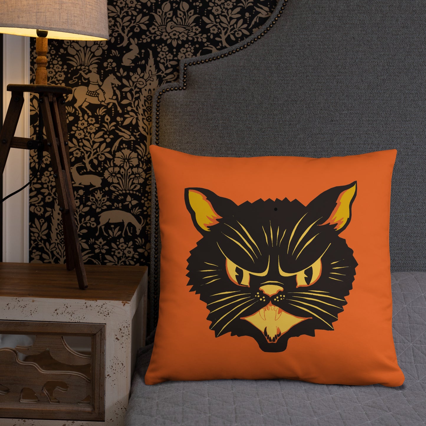 Black Cat Orange Retro Halloween Square Pillow