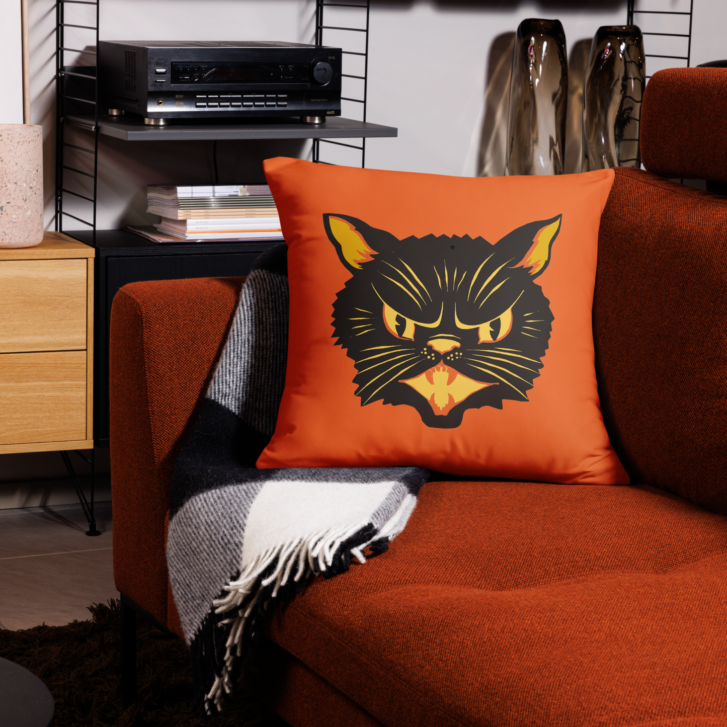 Black Cat Orange Retro Halloween Square Pillow