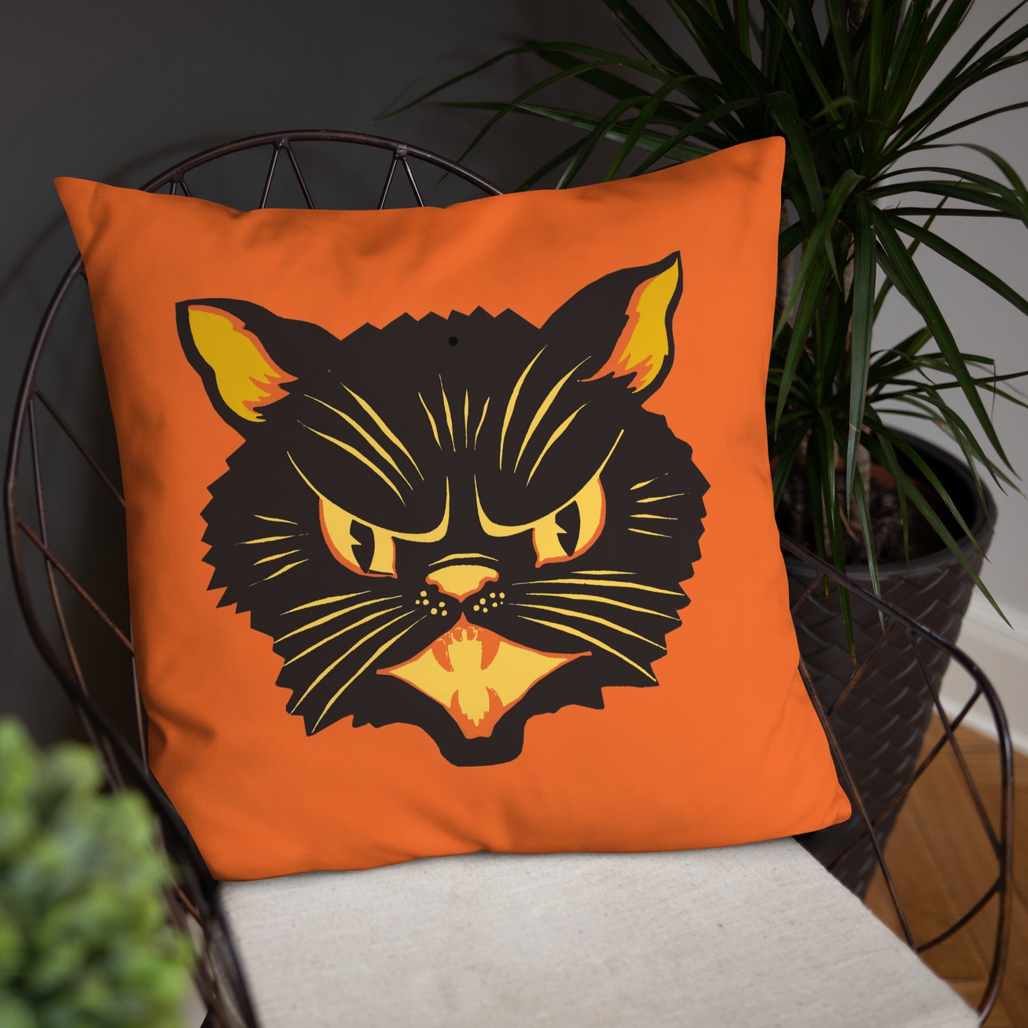 Black Cat Orange Retro Halloween Square Pillow