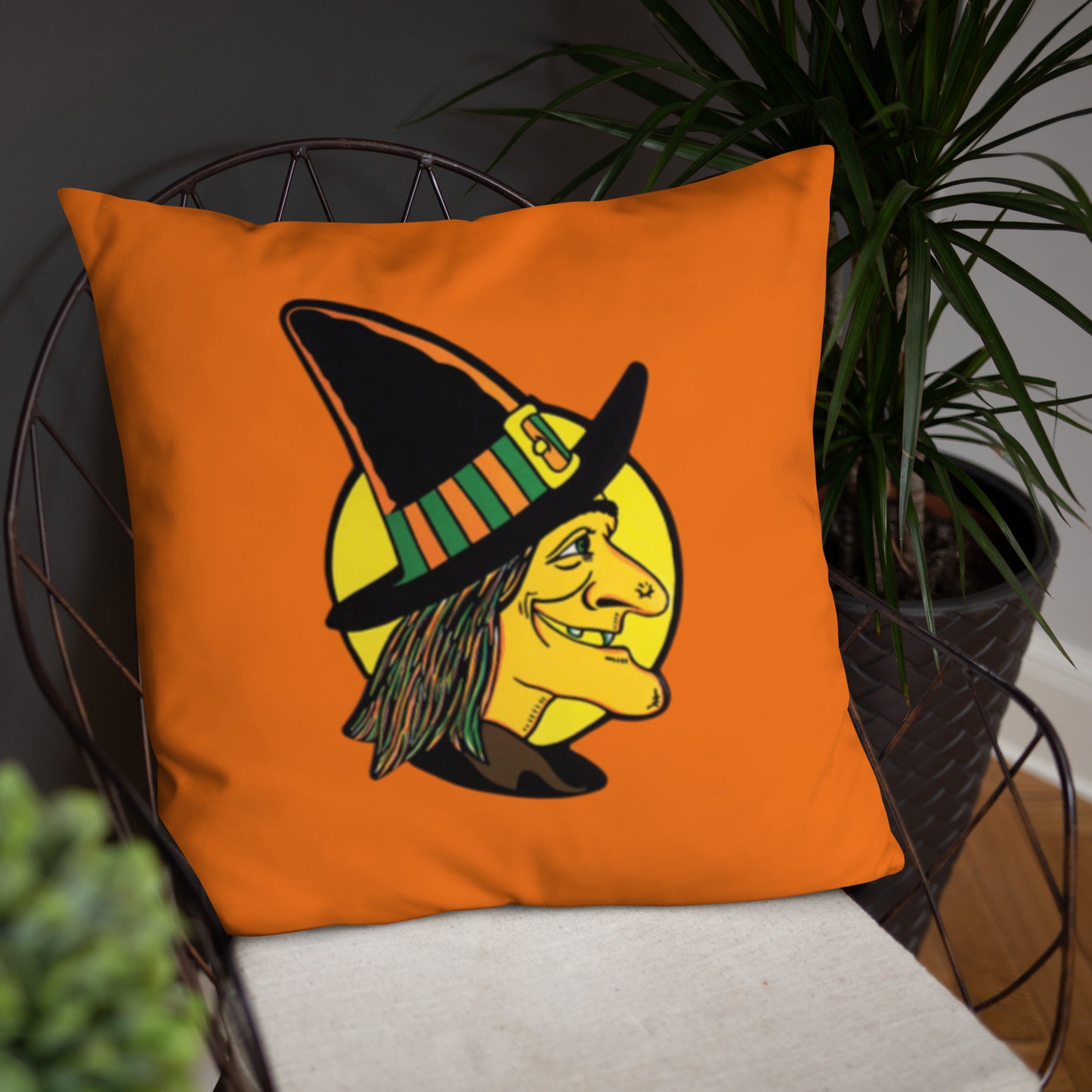 Retro Witch Full Moon Orange Halloween Square Pillow