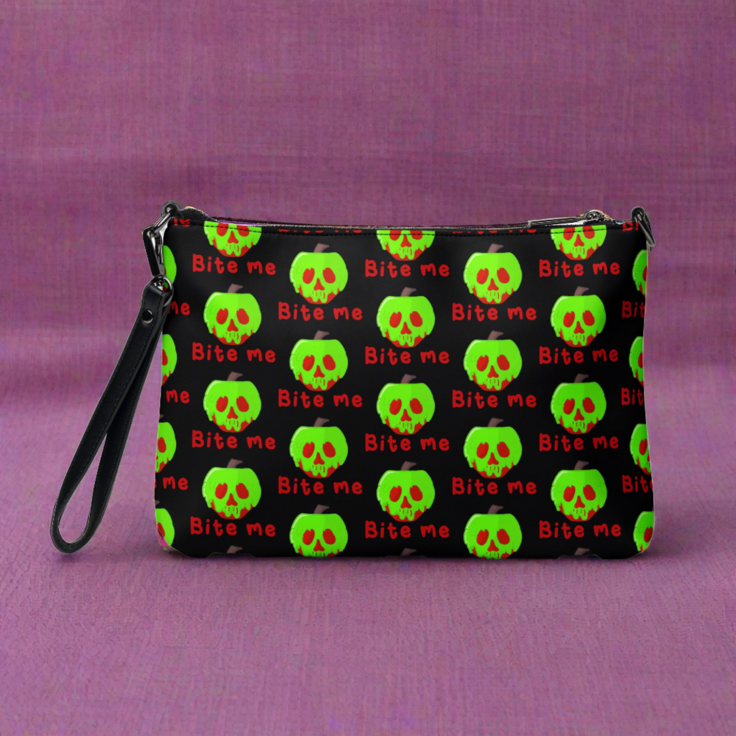 Snow White Evil Queen Bite Me Poison Apple Halloween Black Crossbody Bag Purse