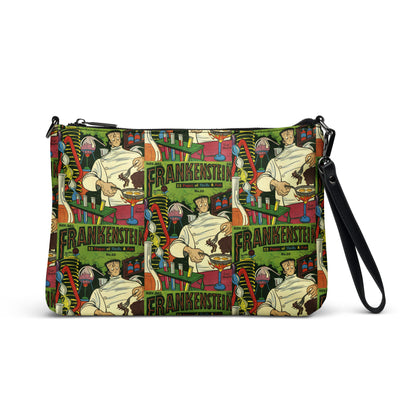 This Halloween crossbody purse features a vintage comic book cover featuring Frankenstein Monster in his laboratory.