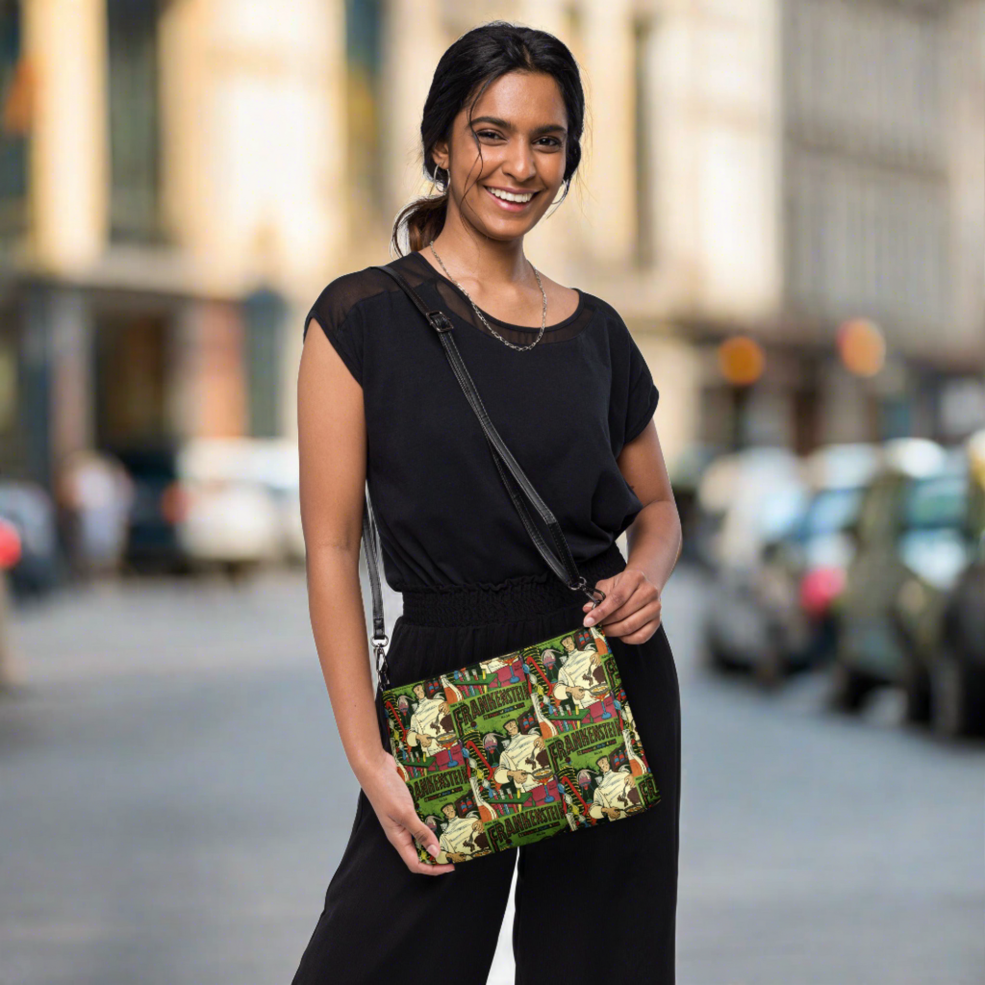 This Halloween crossbody purse features a vintage comic book cover featuring Frankenstein Monster in his laboratory.