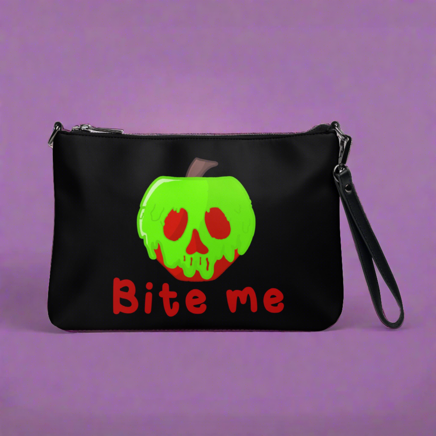 Snow White Evil Queen Bite Me Poison Apple Halloween Black Crossbody Bag Purse