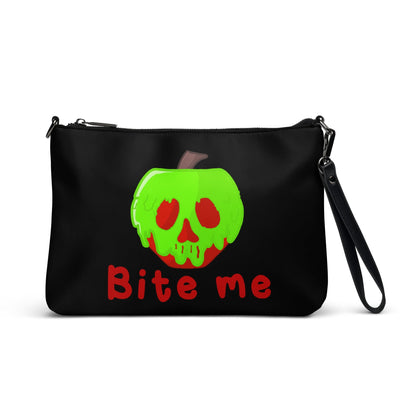 Snow White Evil Queen Bite Me Poison Apple Halloween Black Crossbody Bag Purse