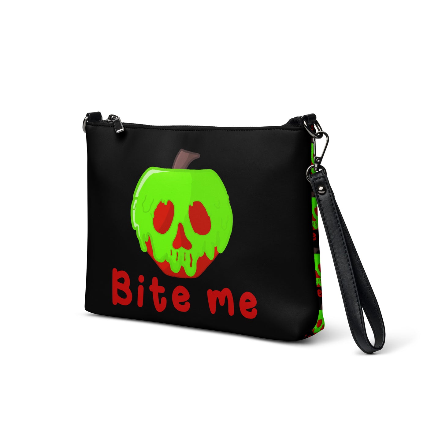 Snow White Evil Queen Bite Me Poison Apple Halloween Black Crossbody Bag Purse