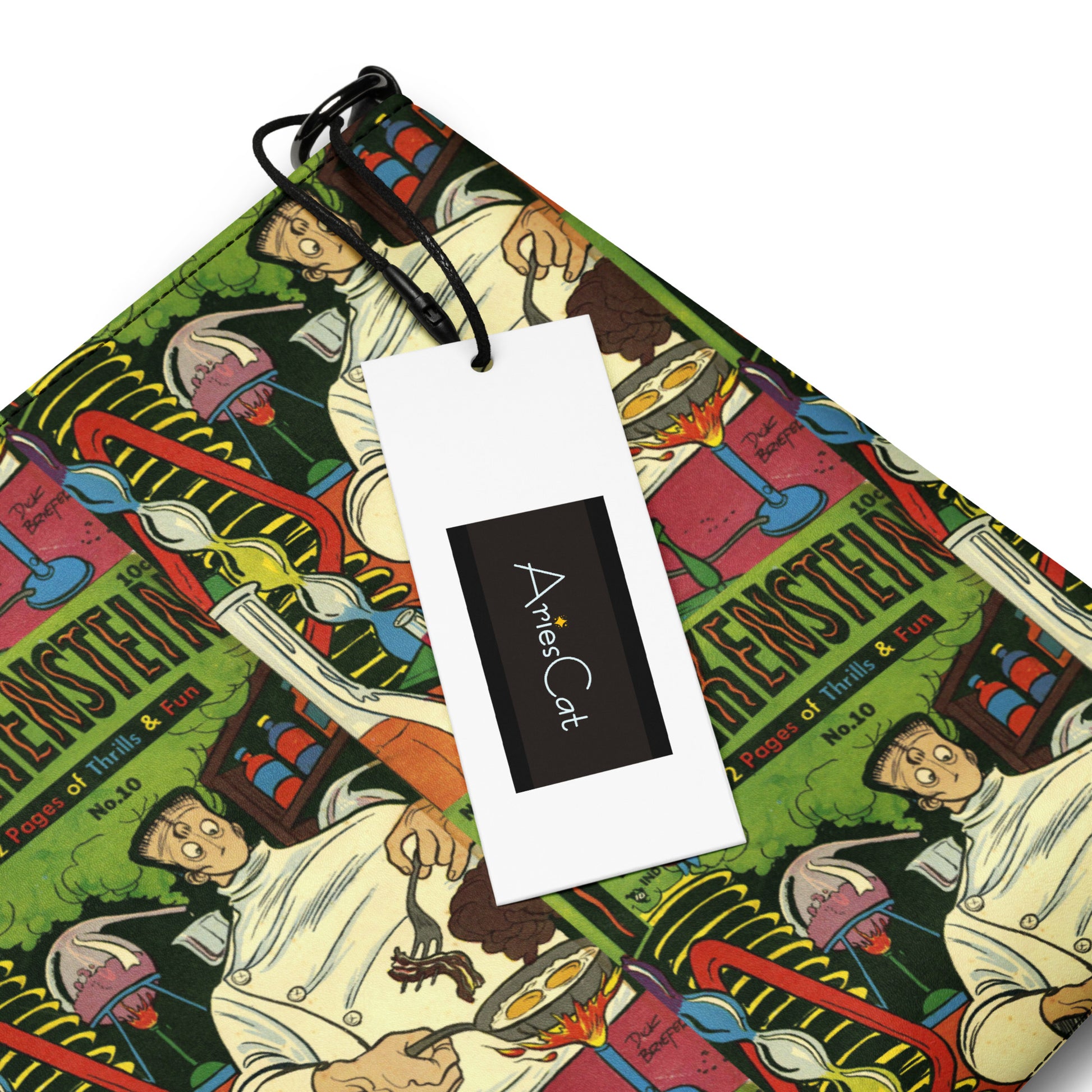 This Halloween crossbody purse features a vintage comic book cover featuring Frankenstein Monster in his laboratory.