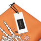 This orange crossbody purse features a skeleton hand making a peace sign surrounded by bats, flowers and peace signs.