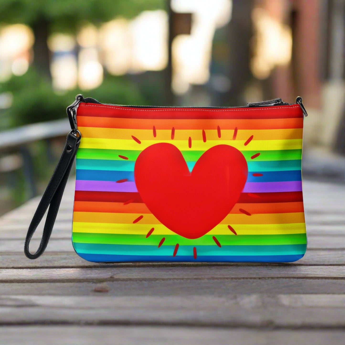 This shoulder crossbody purse converts to a large wristlet clutch. It features horizontal rainbow stripes with a large red heart in the center.