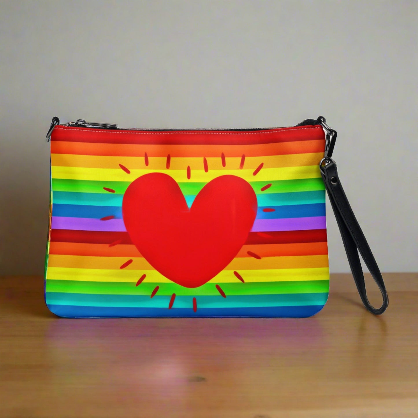 This shoulder crossbody purse converts to a large wristlet clutch. It features horizontal rainbow stripes with a large red heart in the center.