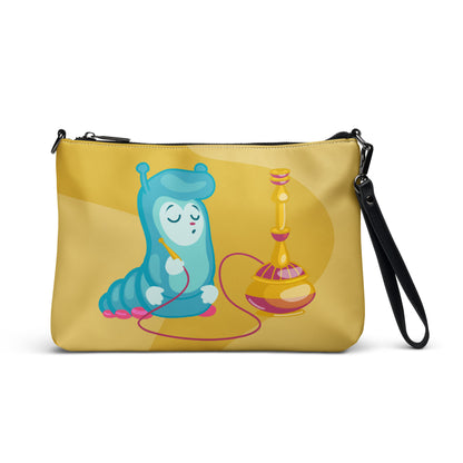 This yellow crossbody purse features the cute smoking caterpillar on one side and pink mushrooms on the other. It's a shoulder bag that converts into an oversized wristlet clutch.