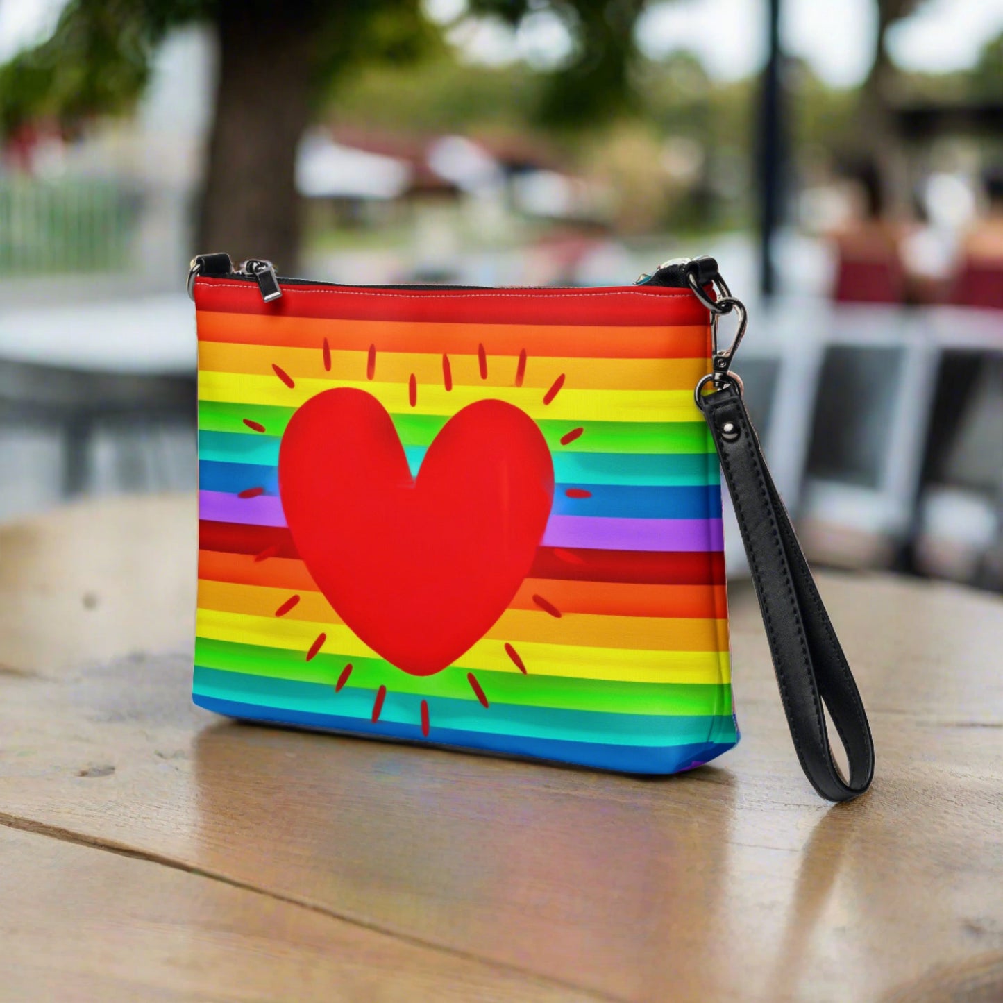 This shoulder crossbody purse converts to a large wristlet clutch. It features horizontal rainbow stripes with a large red heart in the center.