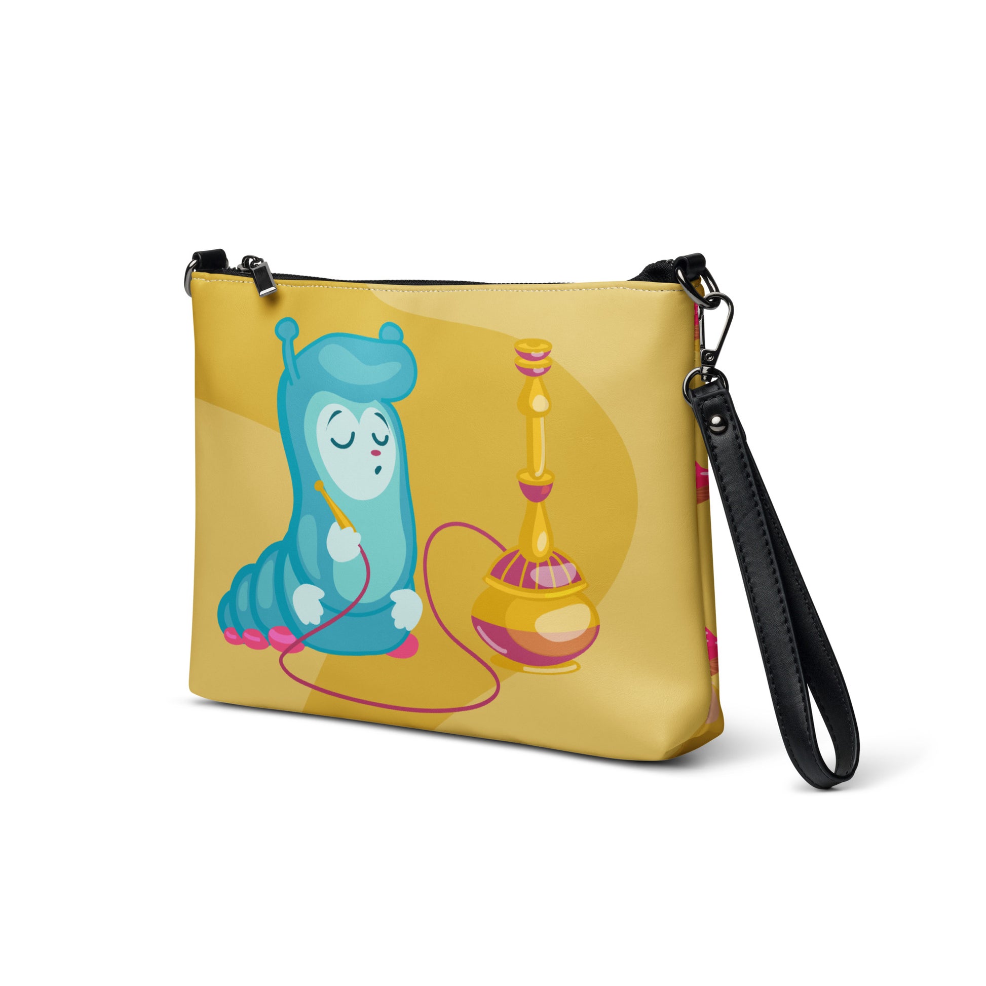 This yellow crossbody purse features the cute smoking caterpillar on one side and pink mushrooms on the other. It's a shoulder bag that converts into an oversized wristlet clutch.