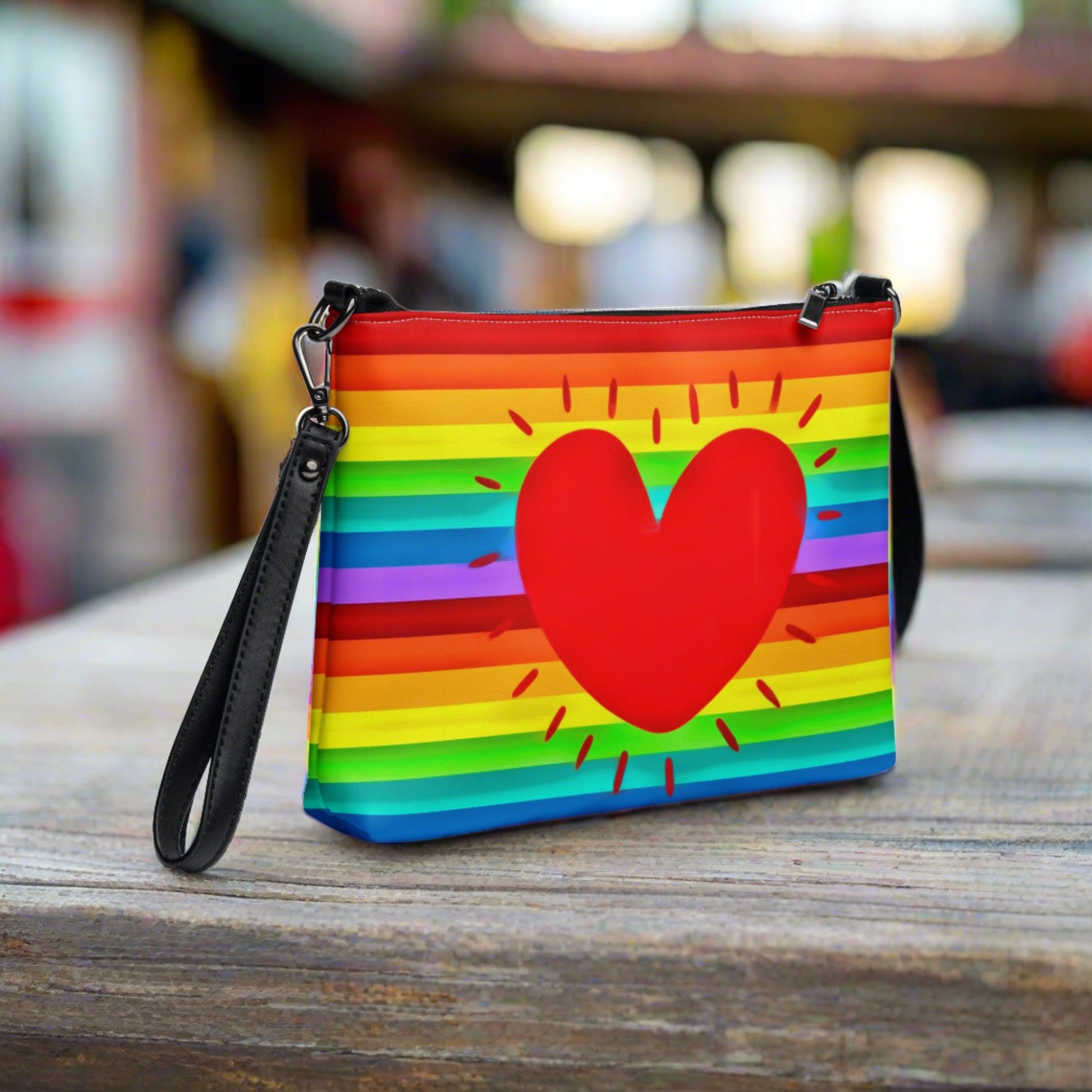 This shoulder crossbody purse converts to a large wristlet clutch. It features horizontal rainbow stripes with a large red heart in the center.