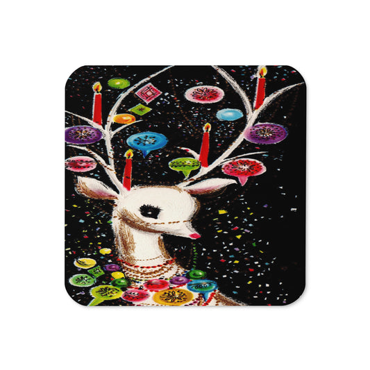 Reindeer With Ornaments Black Mid Century Retro Christmas Print Cork-back Coaster