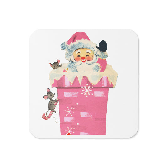 Santa In Chimney With Mice Pink Mid Century Retro Christmas Print Cork-back Coaster