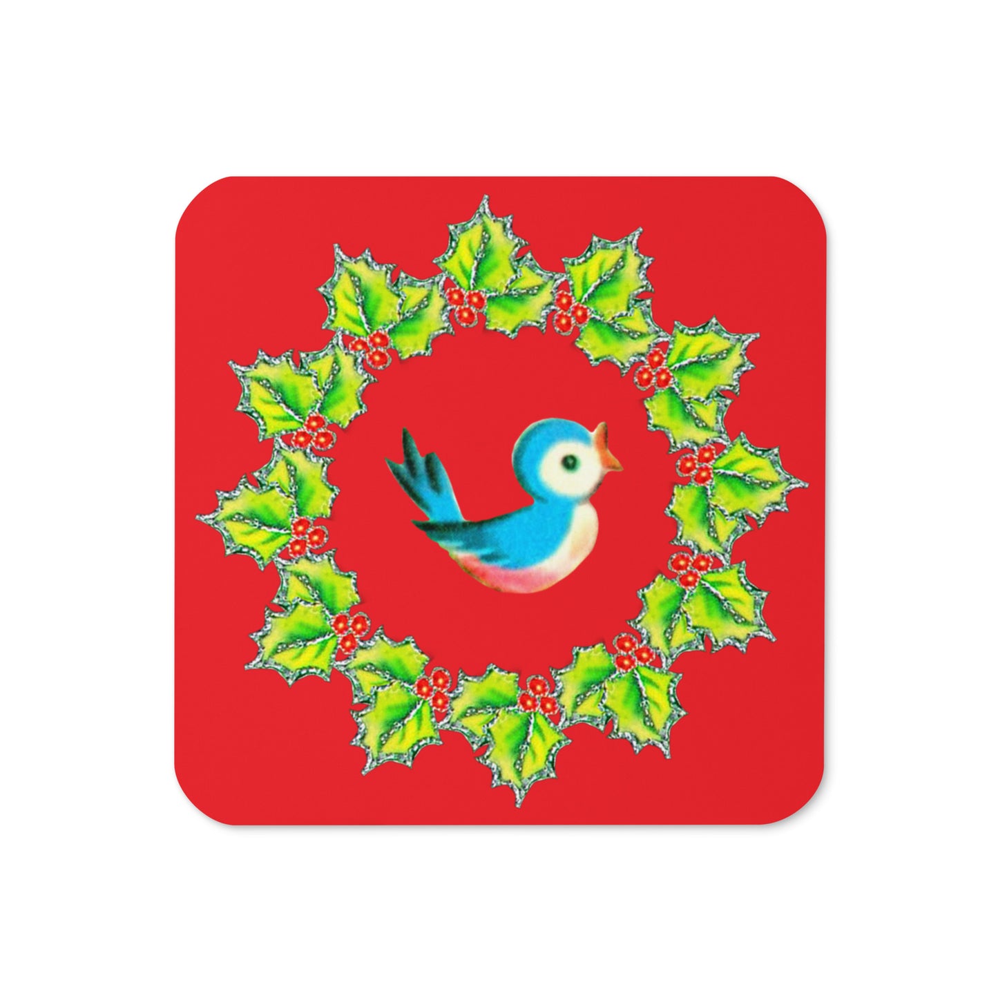 Christmas Bluebird In Wreath Red Mid Century Retro Christmas Print Cork-back Coaster