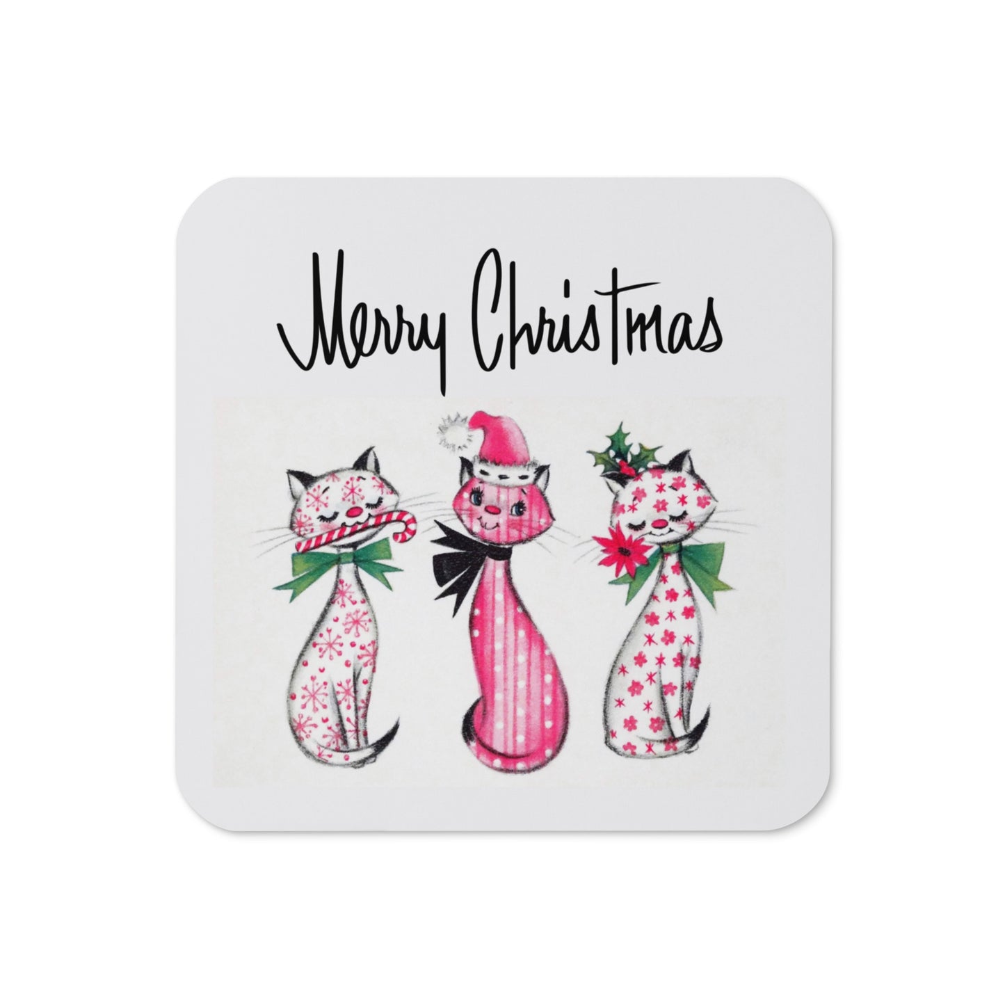 Merry Christmas Cats Mid Century Retro Christmas Print Cork-back Coaster