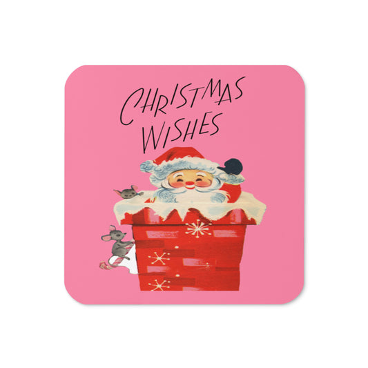 Christmas Wishes Santa In Chimney With Mice Mid Century Retro Christmas Print Cork-back Coaster