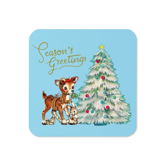 Season's Greetings Reindeer Tree Mid Century Retro Christmas Print Cork-back Coaster