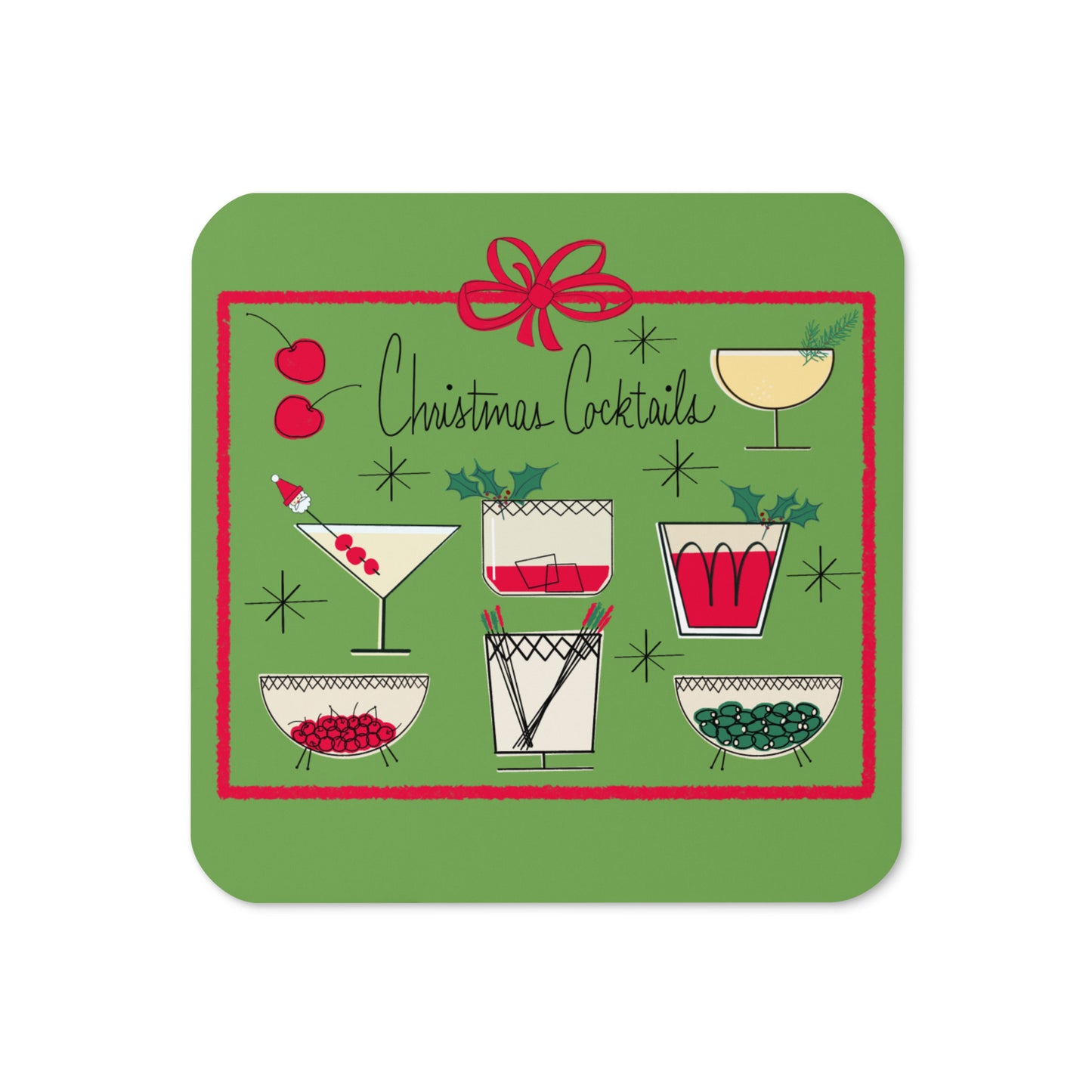 Christmas Cocktails Green Mid Century Retro Style Cork-back Coaster