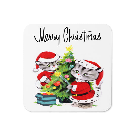 Merry Christmas Santa Christmas Cats Decorating Tree Mid Century Retro Christmas Print Cork-back Coaster