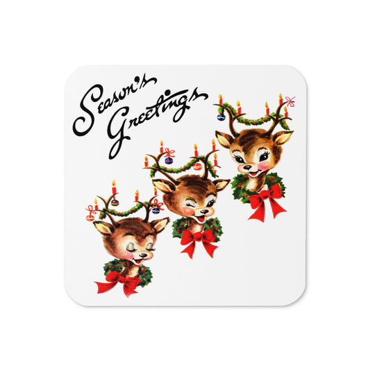 Season's Greetings Three Reindeer Mid Century Retro Christmas Print Cork-back Coaster