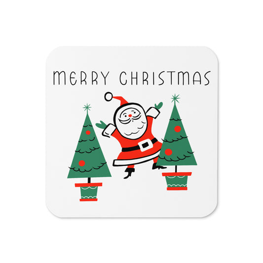 Santa Merry Christmas Trees Mid Century Retro Christmas Print Cork-back Coaster