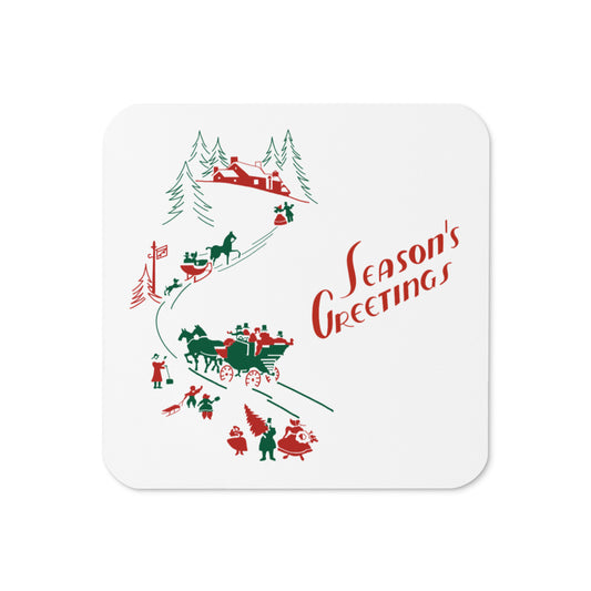 Season's Greetings Town Mid Century Retro Christmas Print Cork-back Coaster