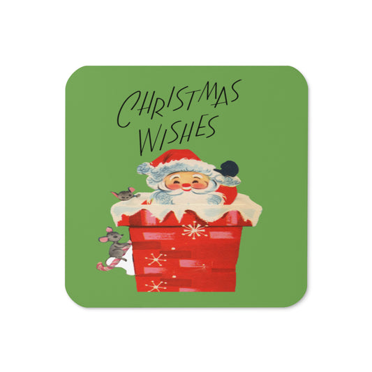 Christmas Wishes Santa In Chimney With Mice Mid Century Retro Christmas Print Cork-back Coaster