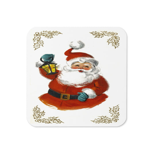 Santa With Lantern Mid Century Retro Christmas Print Cork-back Coaster