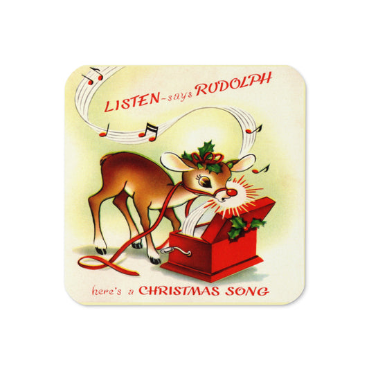 Here's A Christmas Song Rudolph With Record Player Mid Century Retro Christmas Print Cork-back Coaster