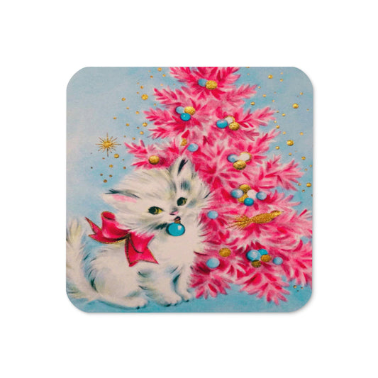 Christmas Cat Pink Tree Mid Century Retro Christmas Print Cork-back Coaster