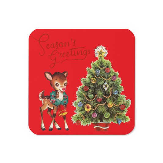 Season's Greetings Reindeer Tree Mid Century Retro Christmas Print Cork-back Coaster