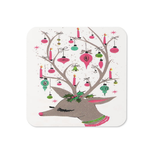 Reindeer With Ornaments Mid Century Retro Christmas Print Cork-back Coaster