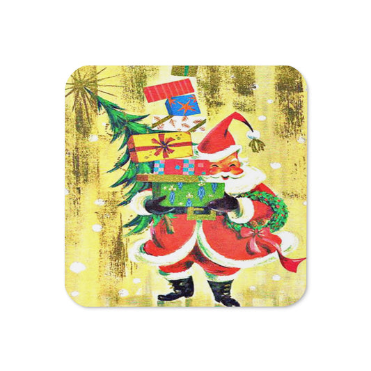 Santa With Presents Mid Century Retro Christmas Print Cork-back Coaster